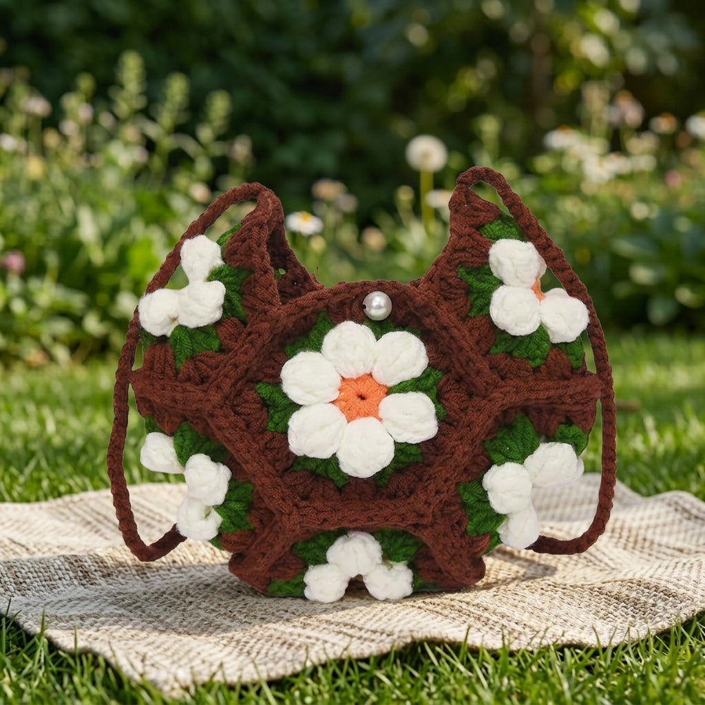 Borsa a tracolla in uncinetto con fiori, colore marrone, su coperta nel prato