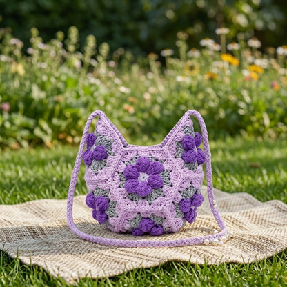 Borsa a tracolla in uncinetto con fiori, colore viola, su coperta nel prato