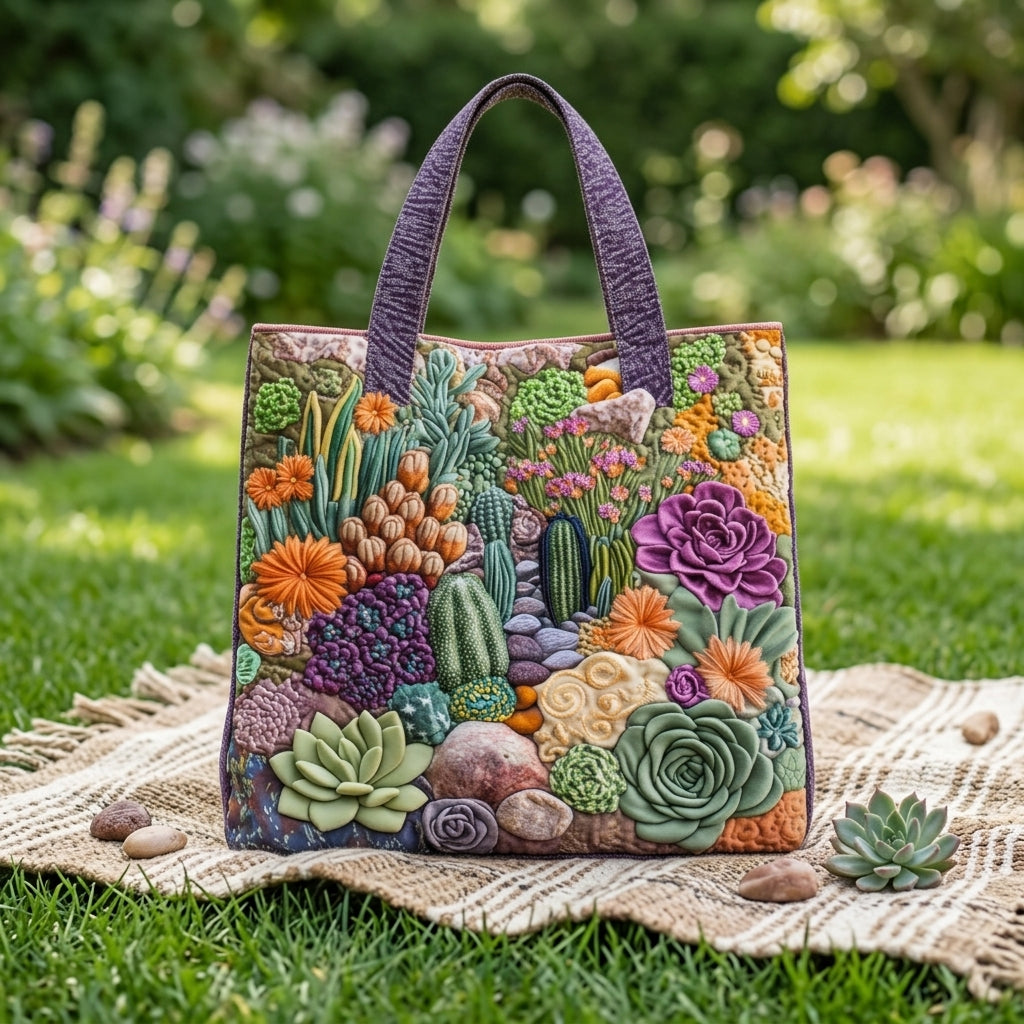 Borsa tote in cotone ricamata a fantasia cactus e succulente, su prato all'aperto