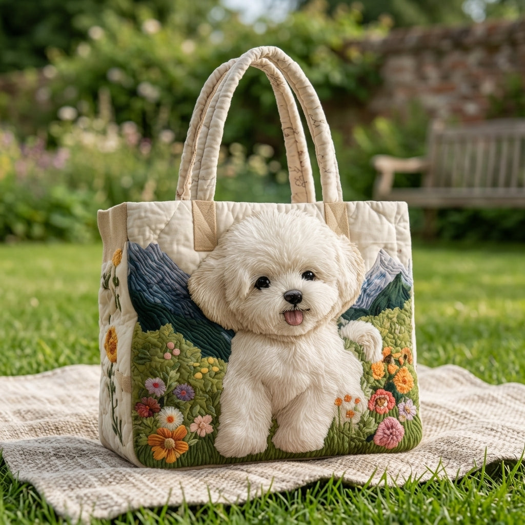 Borsa tote in cotone ricamata a fantasia cucciolo, su prato all'aperto