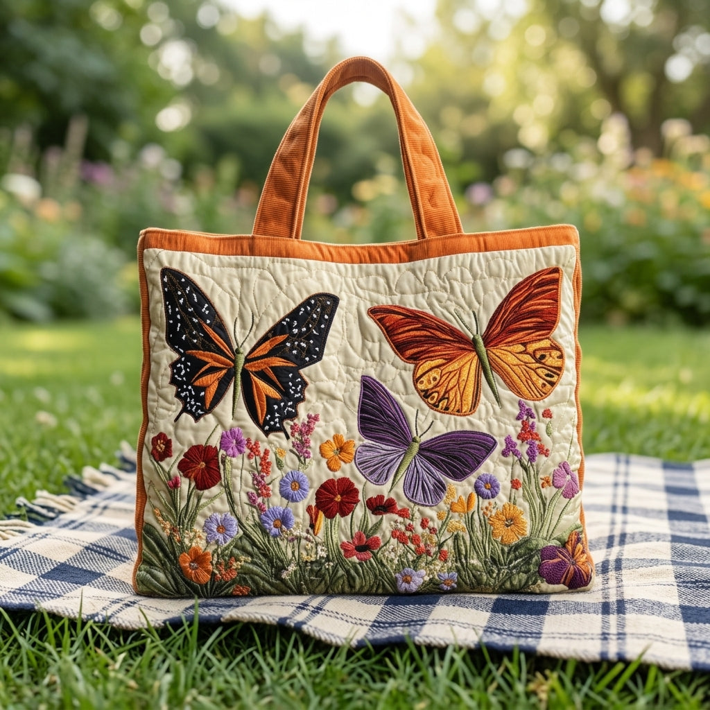 Borsa tote in cotone ricamata a fantasia farfalle, su prato all'aperto