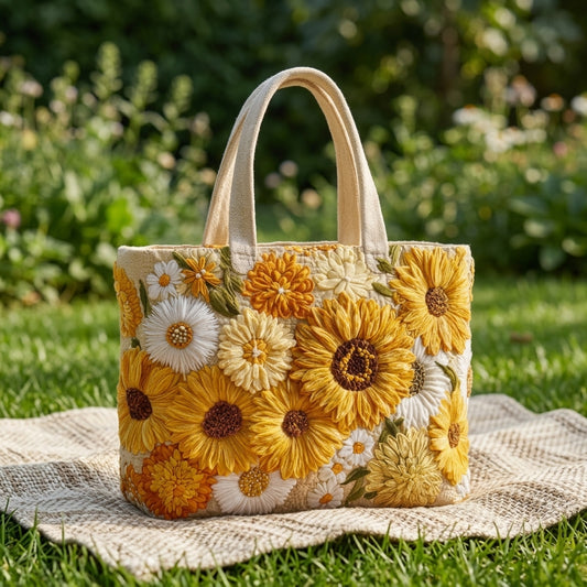 Borsa tote in cotone ricamata a fantasia girasoli, su prato all'aperto