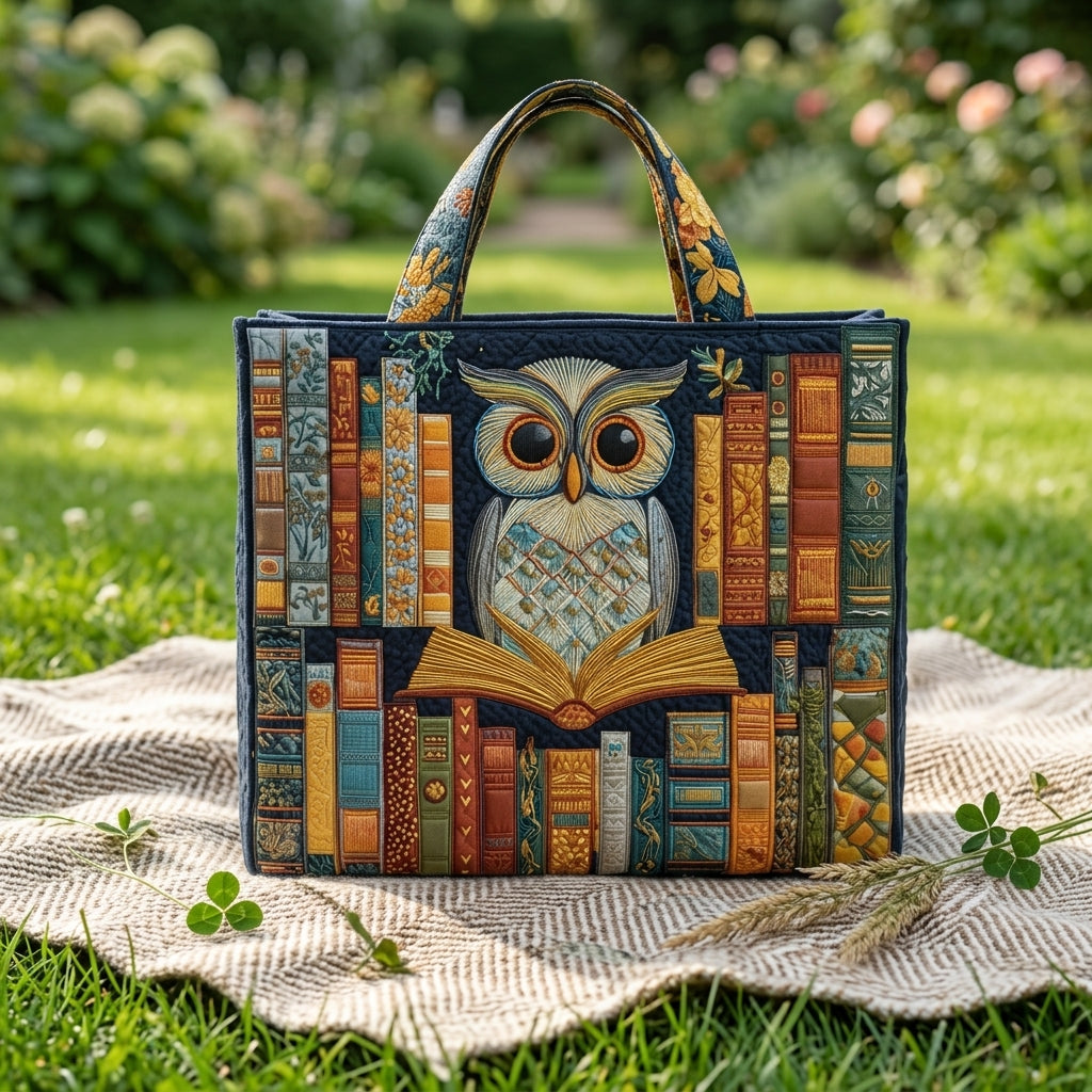 Borsa tote in cotone ricamata a fantasia gufo e libri, su prato all'aperto