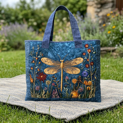 Borsa tote in cotone ricamata a fantasia libellula, su prato all'aperto