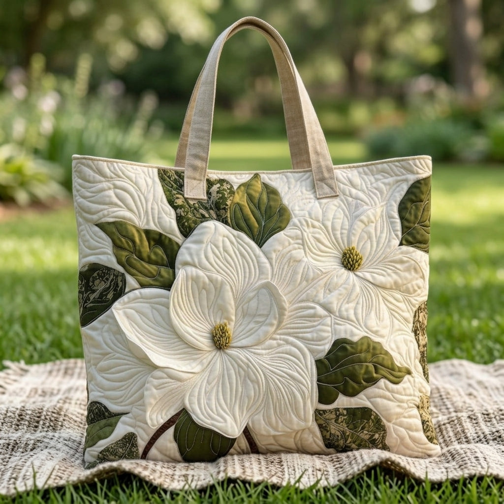 Borsa tote in cotone ricamata a fantasia magnolia, su prato all'aperto