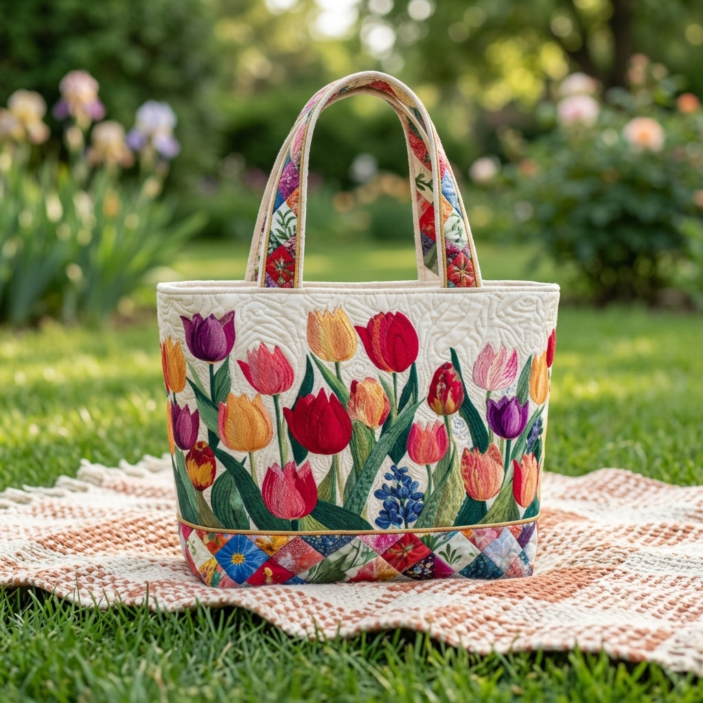 Borsa tote in cotone ricamata a fantasia tulipani, su prato all'aperto