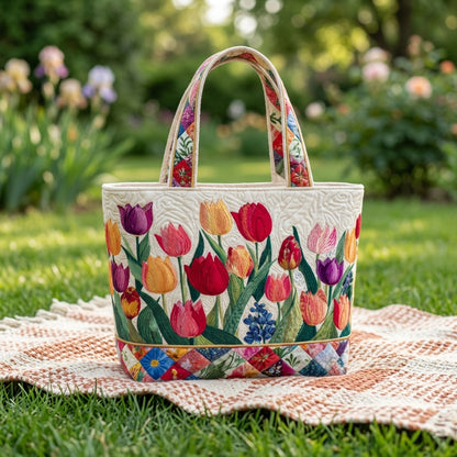 Borsa tote in cotone ricamata a fantasia tulipani, su prato all'aperto