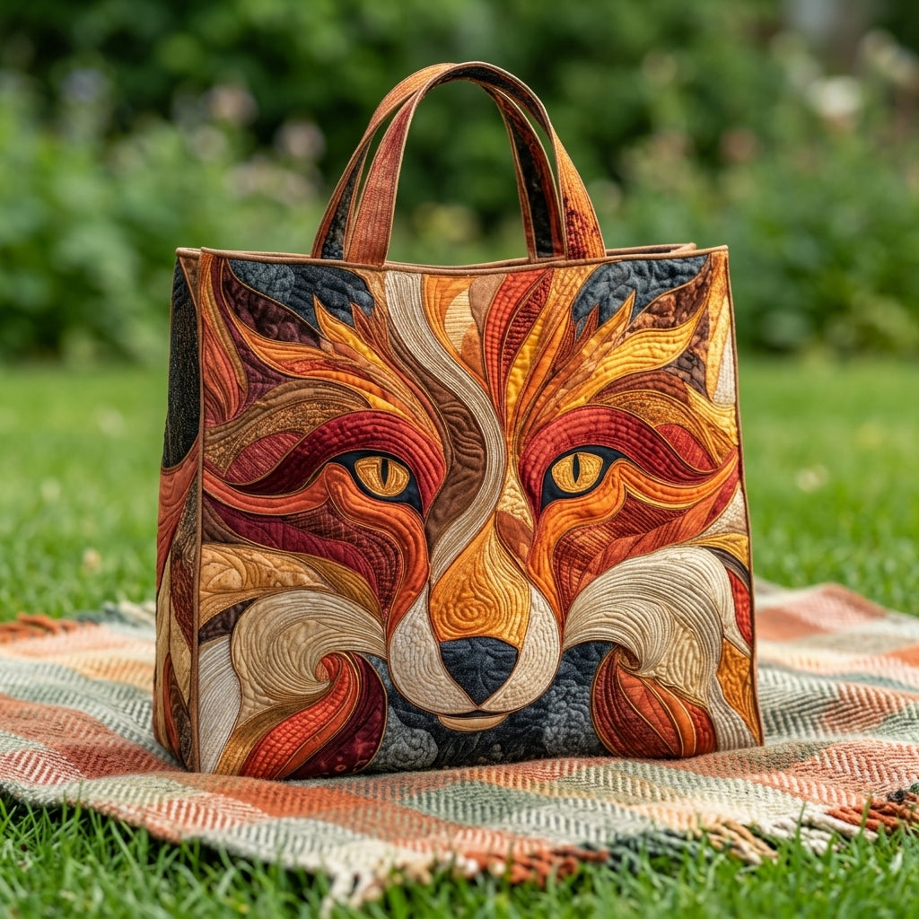 Borsa tote in cotone ricamata a fantasia volpe, su prato all'aperto