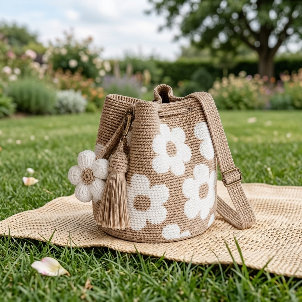 Luna Bag Crochet colore avorio, borsa a secchiello con fiori su prato all'aperto