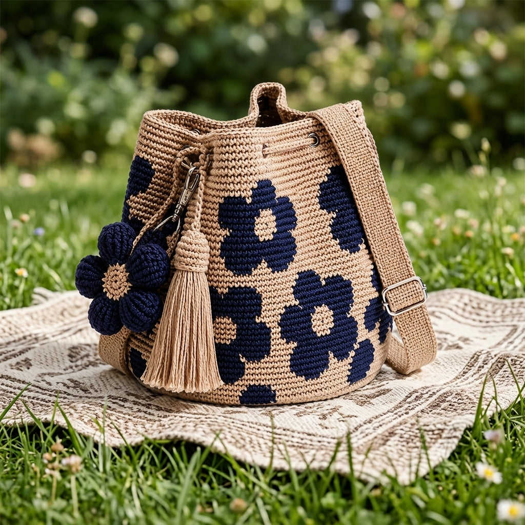 Luna Bag Crochet colore blu, borsa a secchiello con fiori su prato all'aperto
