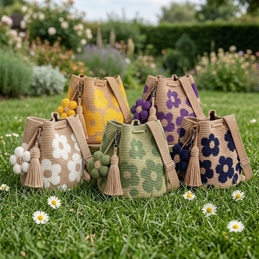 Set di 5 borse Luna Bag crochet su prato verde con margherite