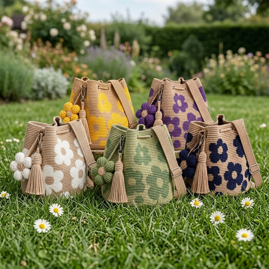 Set di 5 borse Luna Bag crochet su prato verde con margherite