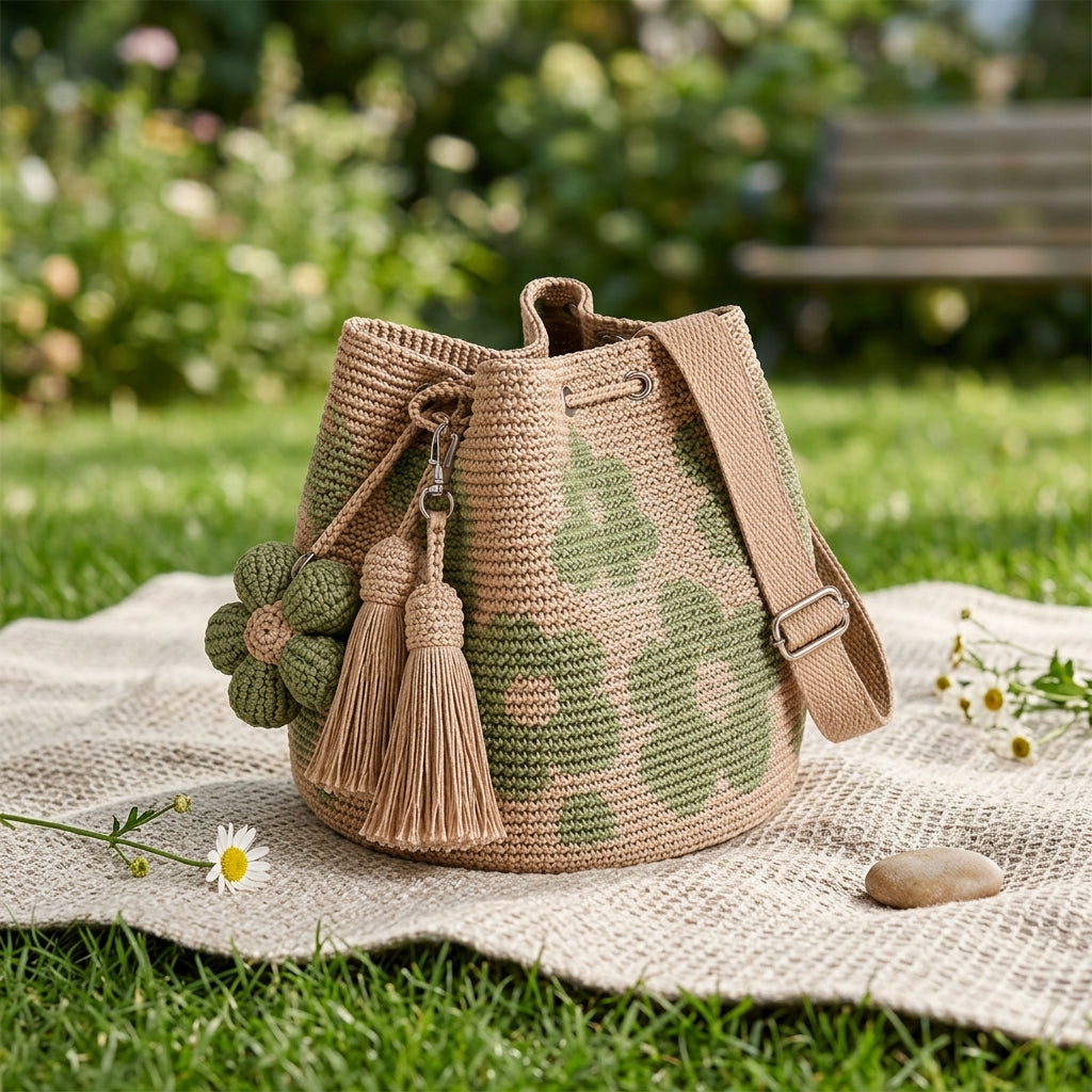 Luna Bag Crochet colore verde, borsa a secchiello con fiori su prato all'aperto