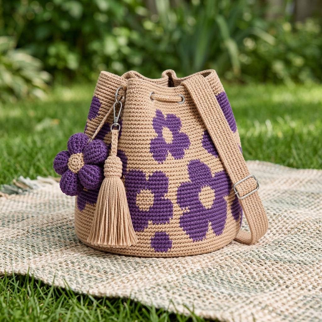 Luna Bag Crochet colore viola, borsa a secchiello con fiori su prato all'aperto